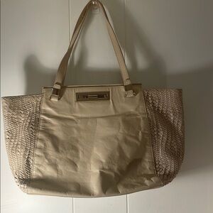 Elliott Lucca Cream Woven Side Leather and Gold Hardware Tote Bag